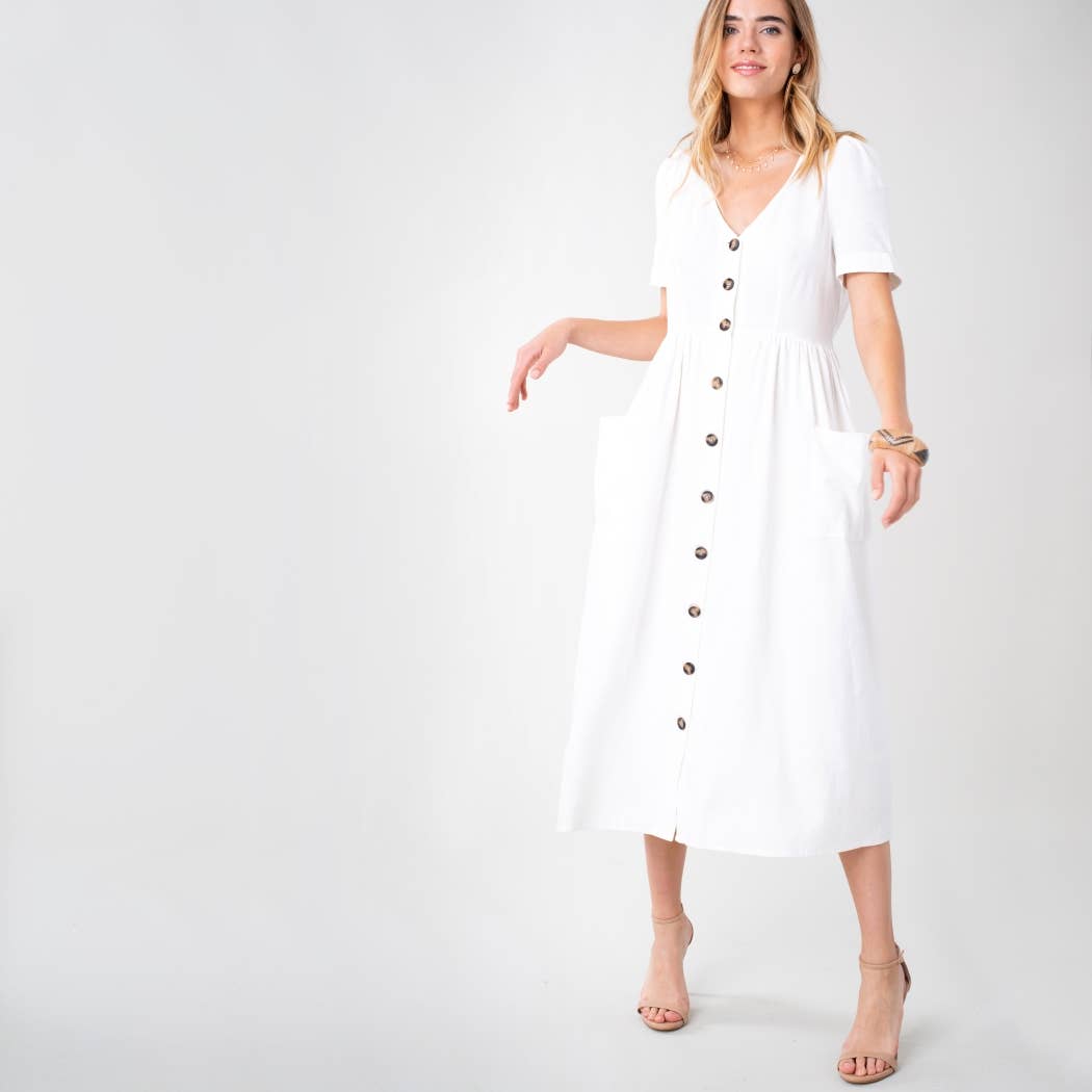 White Linen Button-Down Midi Dress with ...